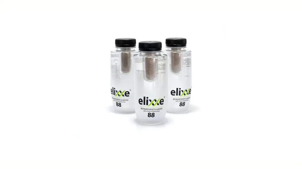 Three Elixxe bottles with clear drink and black caps.