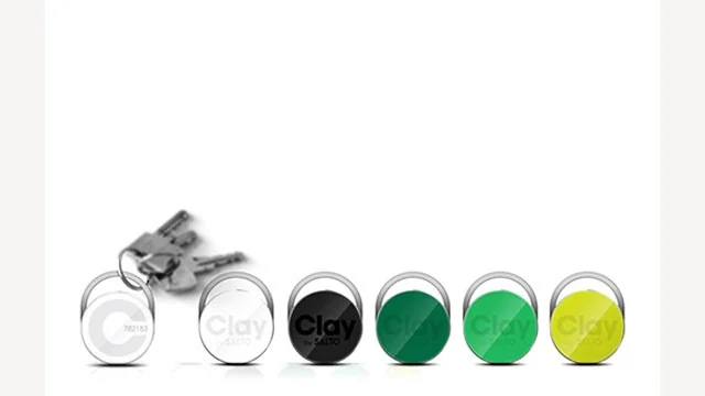 Clay access tags in different colours on a key ring.