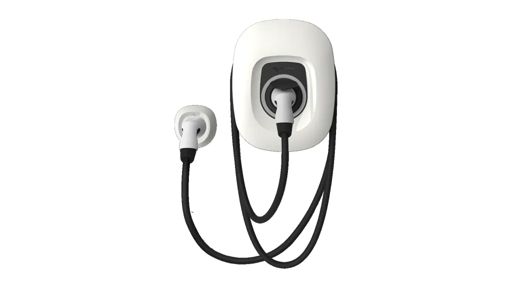 Witte Victron EV-lader met laadkabel en stekkerhouder.