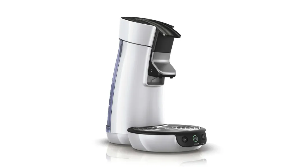 Silver Philips Senseo Viva Café Eco viewed at an angle from the front.