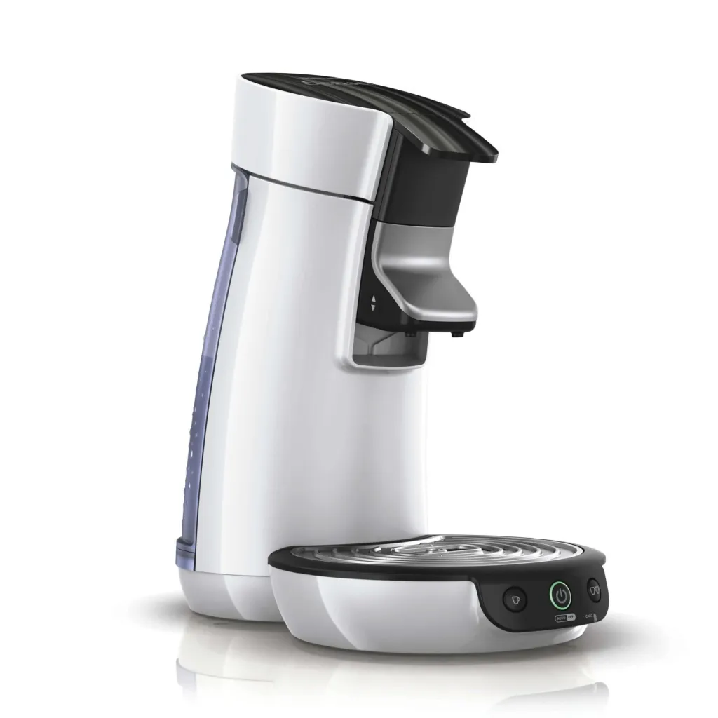 Silver Philips Senseo Viva Café Eco viewed at an angle from the front.