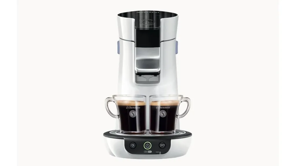 Philips Senseo Viva Café Eco viewed from the front with two cups of coffee.