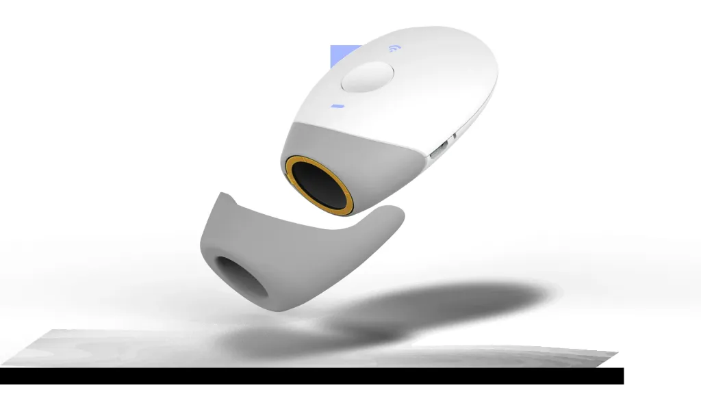 Productvisualisatie van de witte Skinly-behuizing en sensorkop.