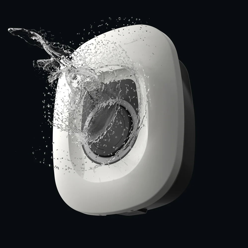 Productvisualisatie van de Victron-behuizing met opspattend water.