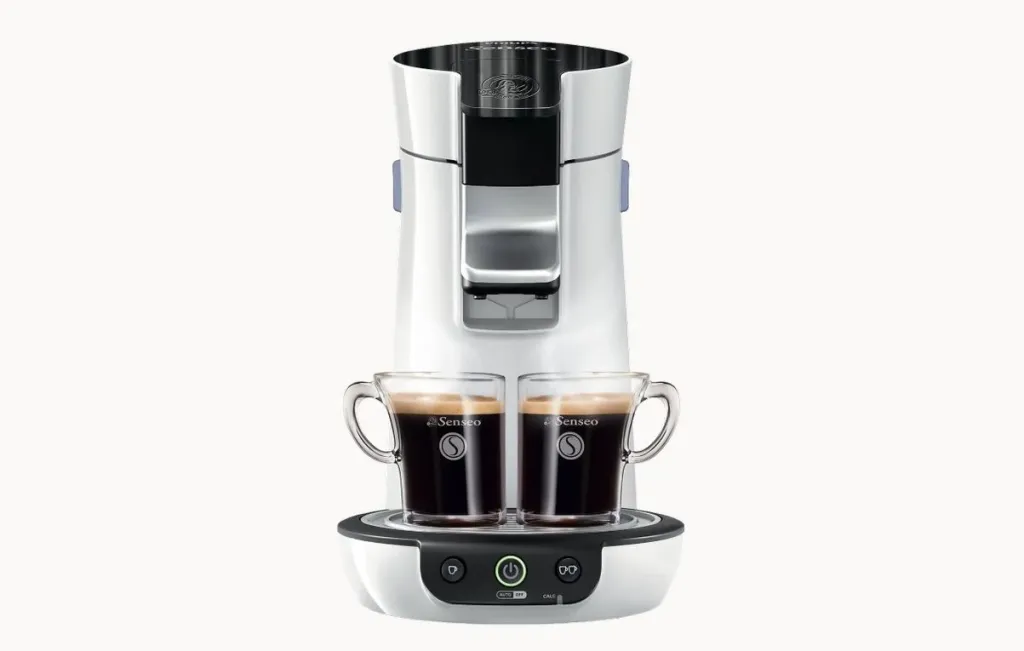 Philips Senseo Viva Café Eco viewed from the front with two cups of coffee.