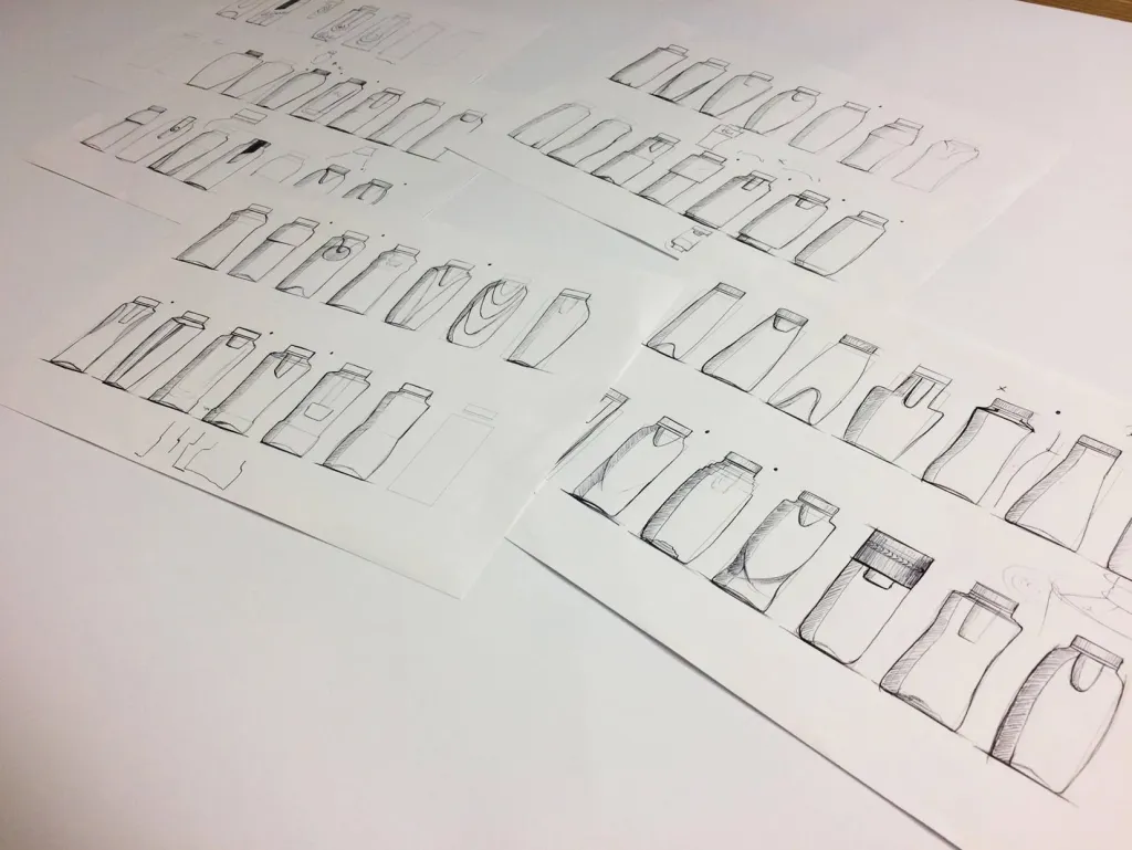 Handgezeichnete Studien zu Flaschenformen und Verpackungskonzepten für Elixxe.