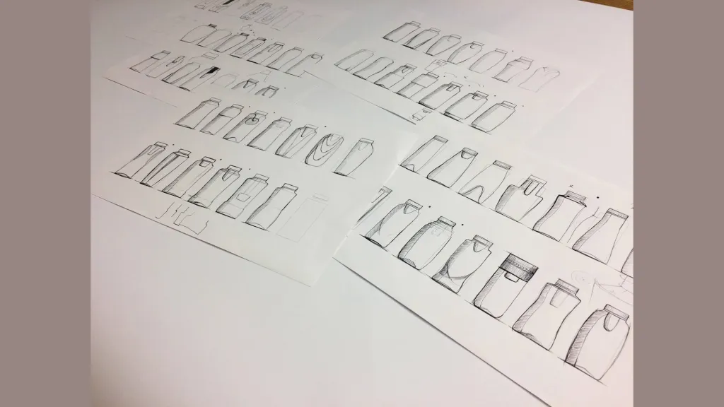 Handgezeichnete Studien zu Flaschenformen und Verpackungskonzepten für Elixxe.