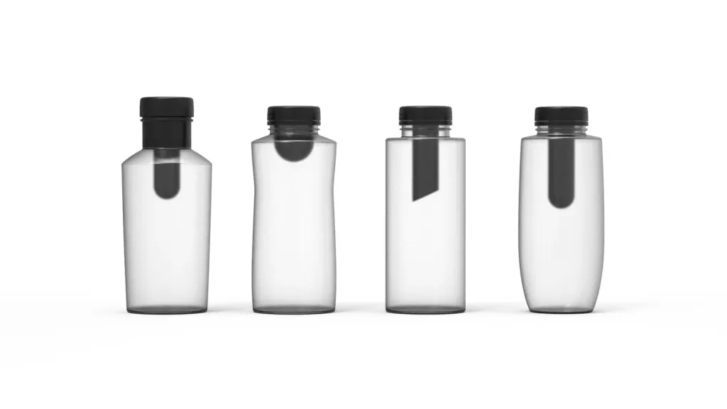 Vier digitale Designvarianten der Elixxe-Flasche.